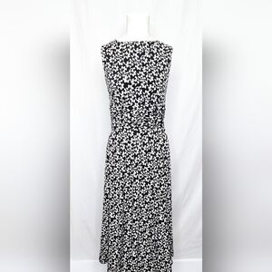 Jessica Howard Black White Print Ruched Jersey Knit Sleeveless Midi Dress Size 8